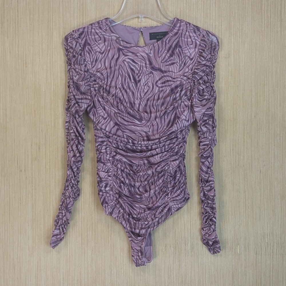 Michael Costello x Revolve Mesh Shirred Bodysuit Purple Zebra Ruche Womens Small